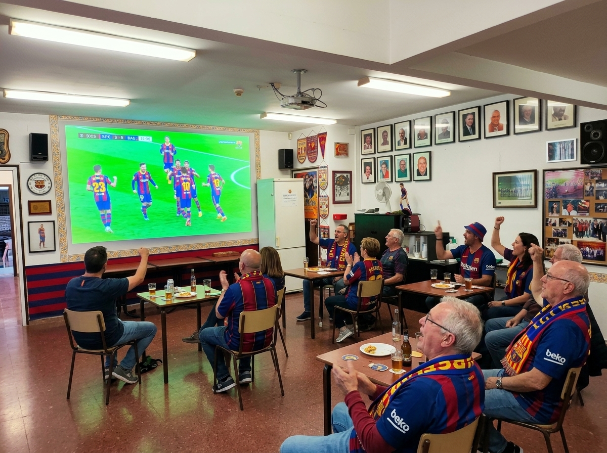 Sala 1 del local social de la Penya Barcelonista Vilassar de Mar amb socis mirant el Barça a la pantalla gegant HD